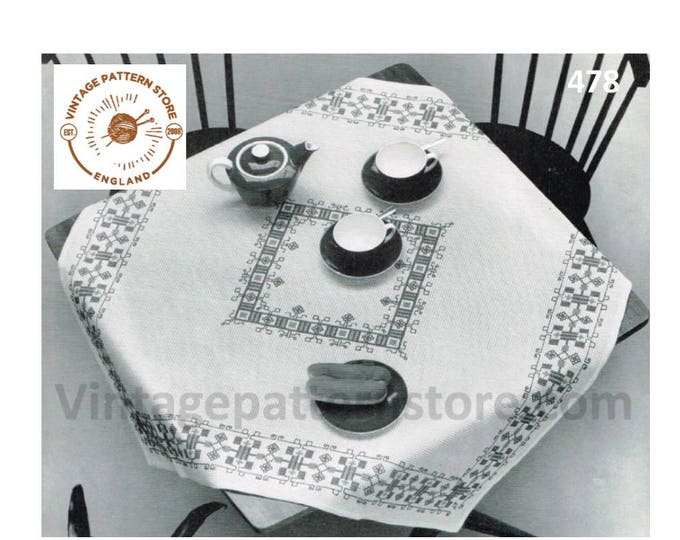 70s vintage holbien and cross stitch embroidered square table cloth pdf embroidery pattern 39" by 39" Instant PDF Download 478