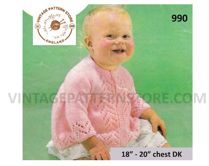 Baby Babies 60s vintage DK round neck eyelet lace lacy raglan cardigan matinee coat pdf knitting pattern 18" to 20" chest PDF download 990