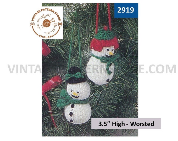 80s vintage Snowman Snowmen Christmas tree decoration ornament pdf knitting pattern 3.5" High Instant PDF Download 2919