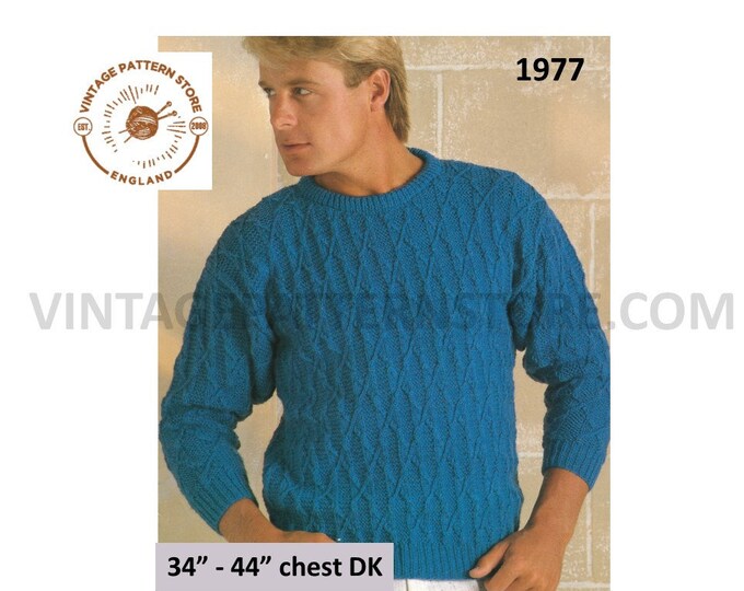 Mans Mens 90s DK round neck drop shoulder cable cabled dolman sweater jumper pdf knitting pattern 34" to 44" chest Instant PDF download 1977