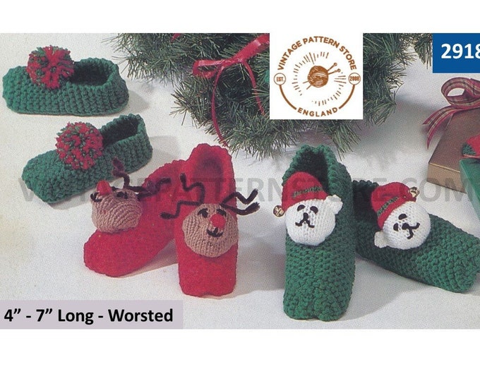 Girls Boys 80s vintage worsted Christmas rudolph reindeer & teddy bear slippers pdf knitting pattern 4" to 7" Foot Instant PDF Download 2918