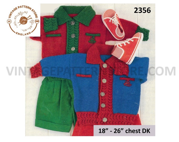Baby Babies Toddlers 90s DK collared cabled cable edge 2 colour lumber jacket coat pdf knitting pattern 18" to 26" Instant download 2356