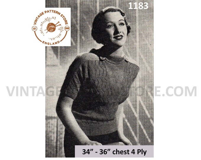 Ladies Womens 30s 4 ply polo neck drop shoulder short sleeve lacy raglan sweater jumper pdf knitting pattern 34" to 36" Download 1183