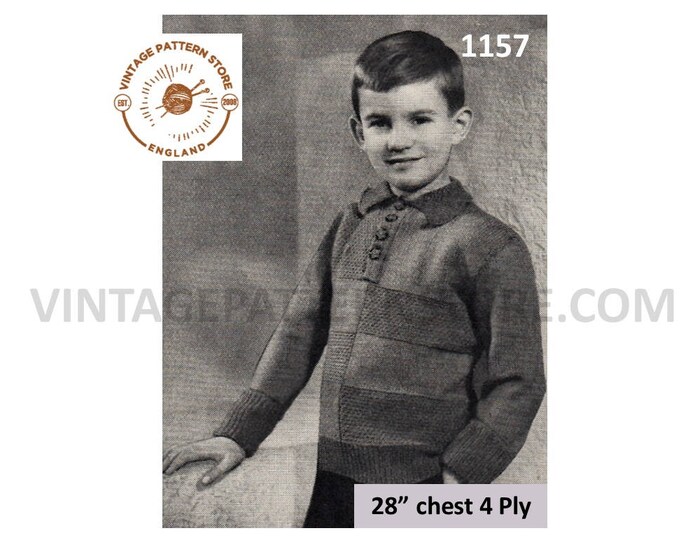 Boys 30s vintage 4 ply shirt neck collared off step texture striped raglan sweater jumper pdf knitting pattern 28" Chest PDF download 1157