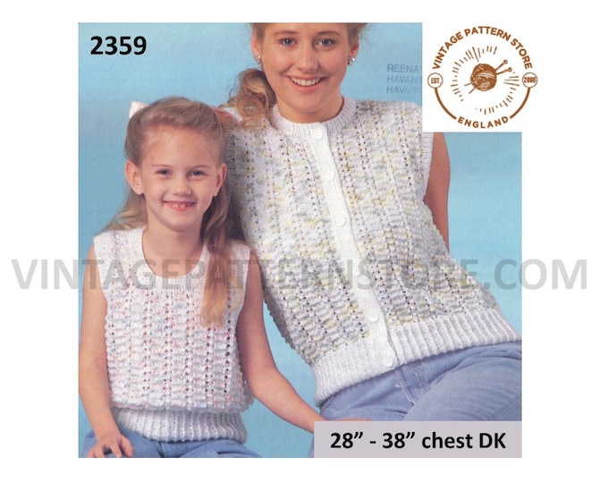 Ladies Womens Girls 90s easy to knit DK sleeveless cardigan waistcoat & slipover Summer top pdf knitting pattern 28" to 38" Download 2359