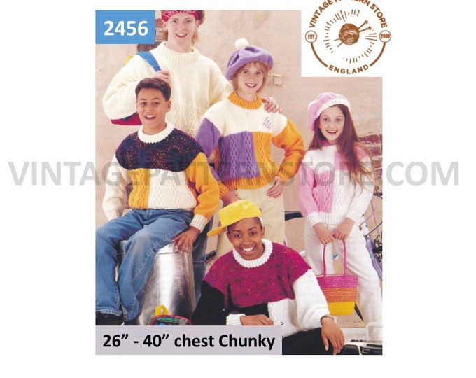 Boys Girls 90s geometric colour blocked cable drop shoulder chunky knit dolman sweater jumper pdf knitting pattern 26" to 40" Download 2456