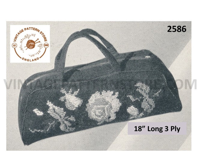 Womens Ladies 40s vintage 3 ply floral knitting hand bag purse pdf knitting pattern 18" x 20" around Instant PDF download 2586
