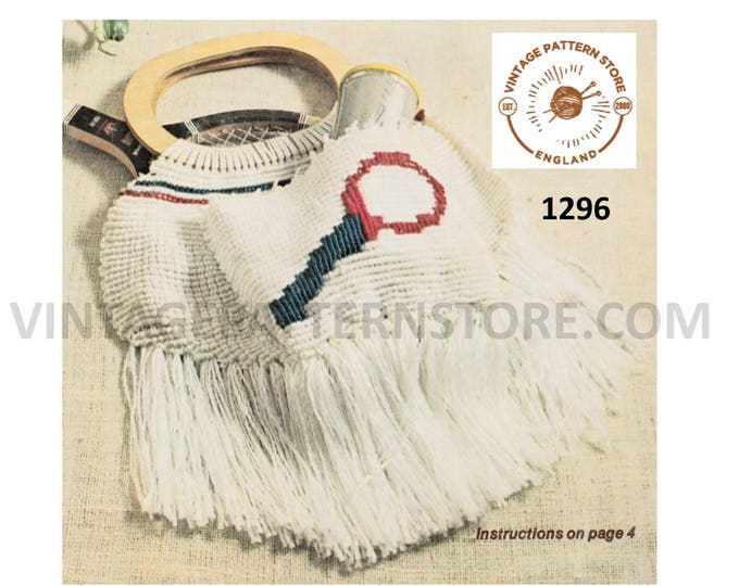 70s vintage macrame sports tennis hand bag purse pdf macrame pattern Instant PDF download 1296