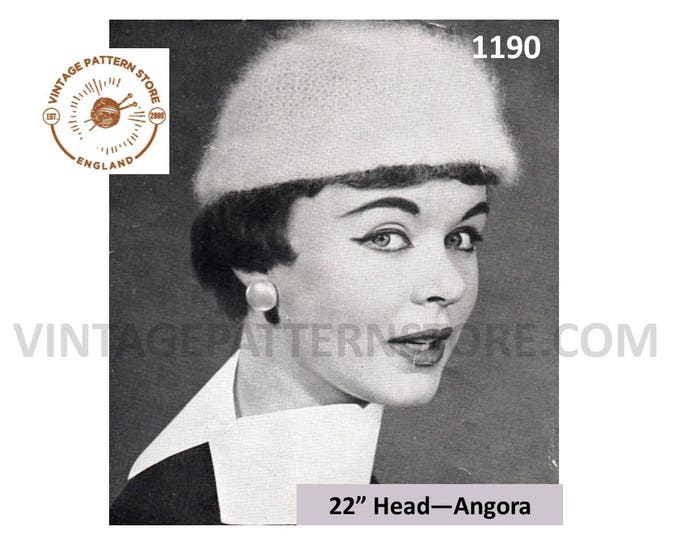 Ladies Womens 50s vintage angora cloche hat pdf knitting pattern 22" Head size Instant PDF download 1190