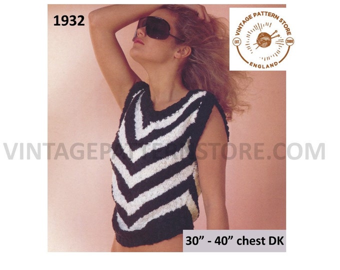 Womens Ladies 90s DK V neck diagonal chevron striped slipover sweater vest Summer top pdf knitting pattern 30" to 40" chest download 1932