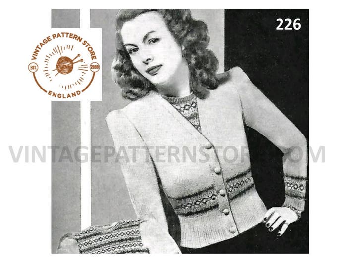 Ladies Womens 40s vintage 3 ply V neck fair isle banded box shoulder raglan cardigan pdf knitting pattern 38" chest Instant PDF download 226