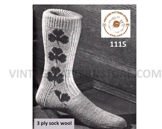 Mans Mens 50s vintage 3 ply Irish Shamrock clover leaf socks pdf knitting pattern adult sizes Instant PDF download 1115