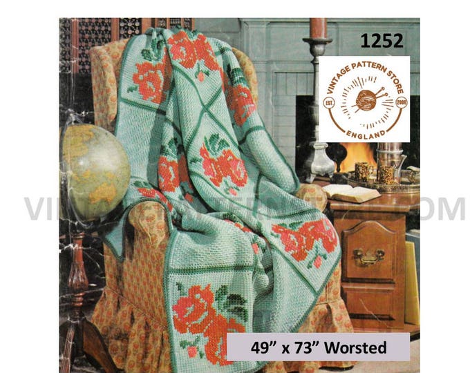 70s Vintage easy to knit 4 ply floral and check afghan throw pdf knitting pattern 49" by 73" Instant PDF download 1252