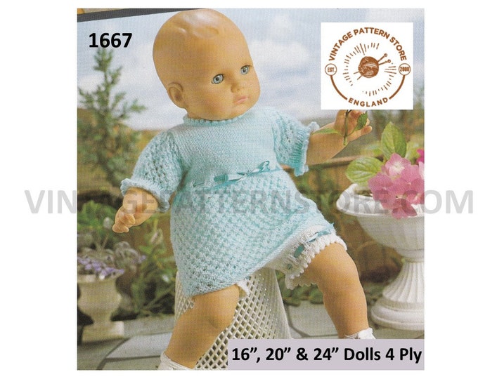 80s vintage 16" 20" 24" DK baby doll clothes lacy picot dress & knickers bloomers pdf knitting pattern Instant PDF Download 1667