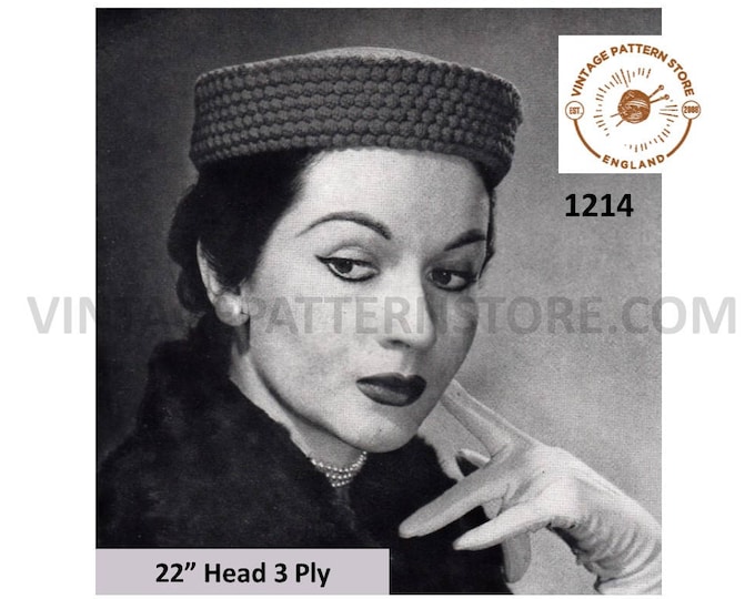 Ladies Womens 50s vintage retro 3 ply pill box hat pdf crochet pattern 22" head Size Instant PDF download 1214