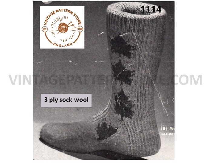 Mens Mans 50s vintage 3 ply Canadian maple leaf intarsia socks pdf knitting pattern Instant PDF download 1114