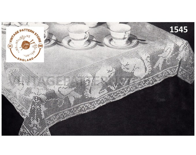 40s vintage lacy squirrel and birds square table cloth pdf crochet pattern 44" by 44" Instant PDF Download 1545