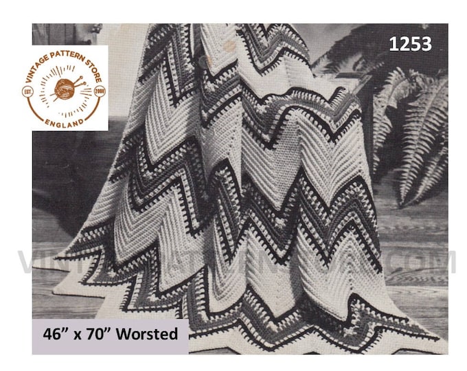 70s vintage worsted Native American indian design zig zag striped afghan throw pdf knitting pattern 46" by 70" Instant PDF download 1253