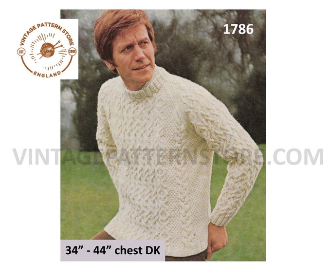 Mans Mens 80s vintage DK or aran crew neckcable cabled raglan sweater jumper pullover pdf knitting pattern 34" to 44" chest Download 1786