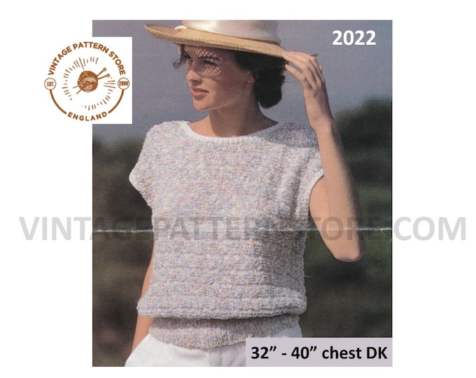 Ladies Womens 90s DK round neck cap sleeve sleeveless sweater vest slipover Summer top pdf knitting pattern 32" to 40" bust Download 2022