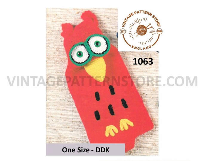 Chilrens Boys Girls fun novelty bazaar DDK owl bird hot water bottle cover pdf knitting pattern stanadrad size Instant PDF download 1063