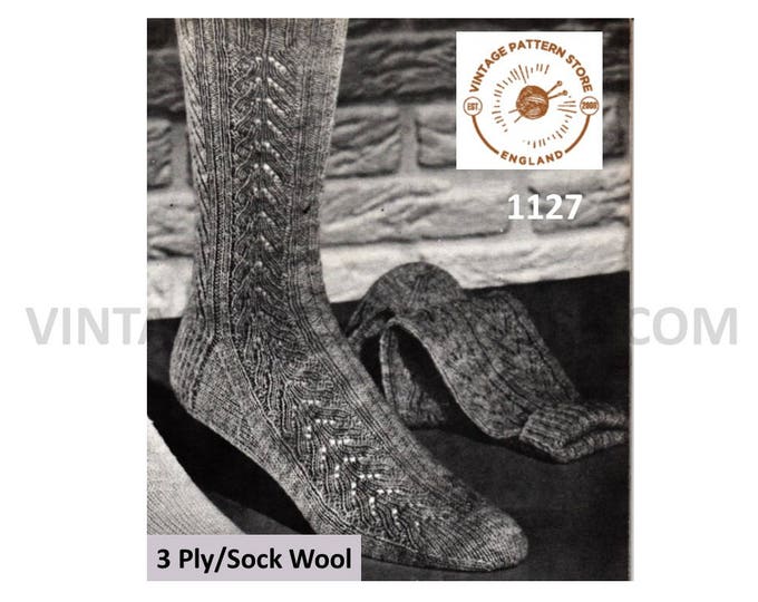 Ladies Womens 50s vintage retro 3 ply lacy eyelet lace cabled cable socks pdf knitting pattern Instant PDF download 1127