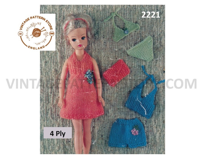 70s vintage 12" fashion dolls Barbie Sindy holiday and beach outfit Dolls clothes pdf knitting pattern Instant PDF download 2221