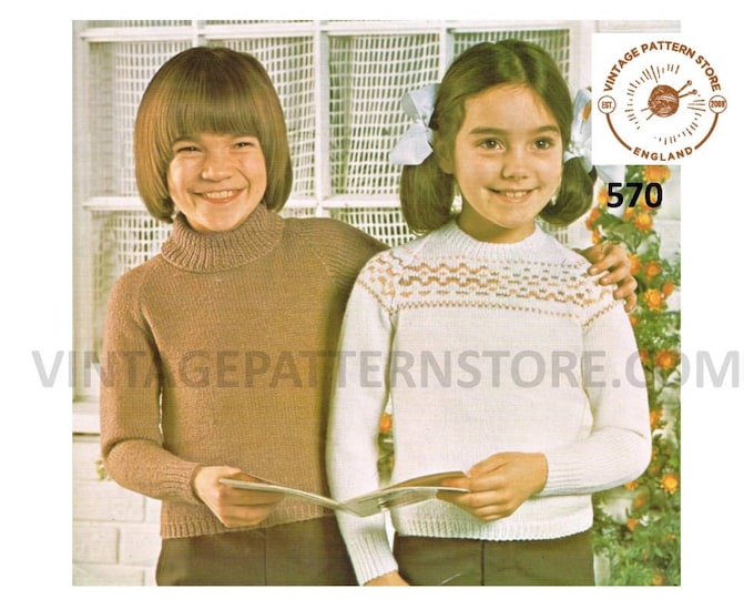 Girls Boys 70s DK easy to knit polo neck & round neck fair isle yoked raglan sweater jumper pdf knitting pattern 24" to 28" Download 570