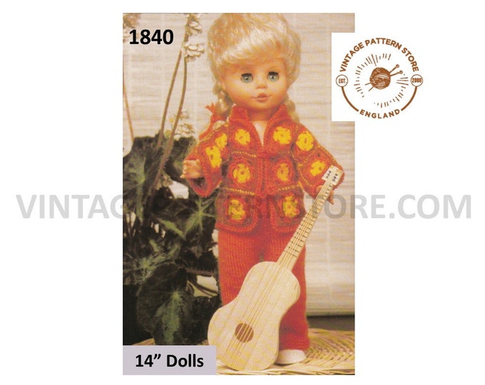 80s vintage 14" Dolls clothes patchwork crochet jacket and knitted trousers pdf knitting & crochet pattern Instant PDF download 1840