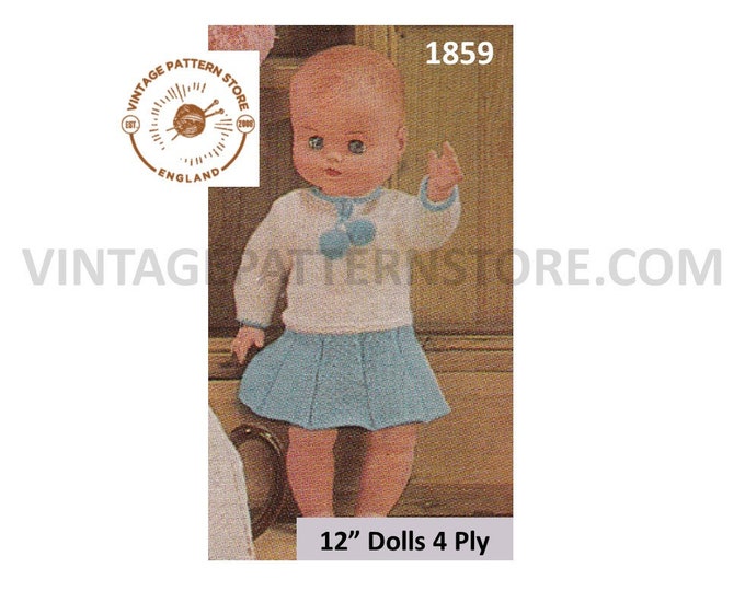 60s vintage 12" 4 ply dolls clothes dress pdf knitting pattern Instant PDF download 1859