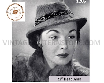 Ladies Womens 50s vintage aran fedora hat pdf crochet pattern 22" head Size Instant PDF Download 1206