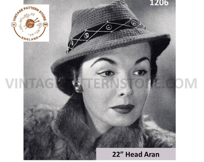 Ladies Womens 50s vintage aran fedora hat pdf crochet pattern 22" head Size Instant PDF Download 1206