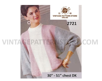 Womens Ladies 90s DK round neck oversized plus size extra large batwing sweater jumper pdf knitting pattern 30" to 51" chest download 2721