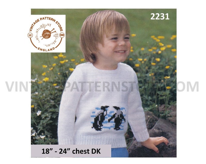 Boys Girls 70s vintage easy to knit DK round neck penguin bird intarsia raglan sweater jumper pdf knitting pattern 18" to 24" Download 2231