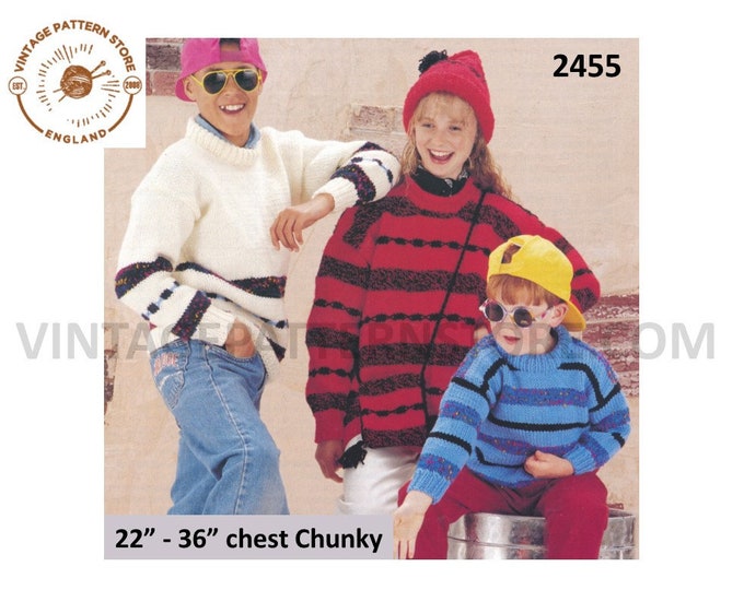 Boys Girls 90s chunky knit crew neck drop shoulder striped dolman sweater jumper pdf knitting pattern 22" to 36" Instant PDF download 2455