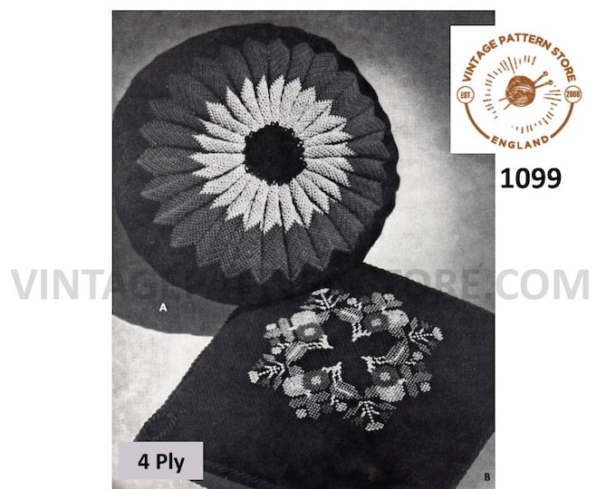 50s vintage circular round and square 4 ply embroidered cushion cover pdf crochet pattern 20" by 20" Instant PDF download 1099