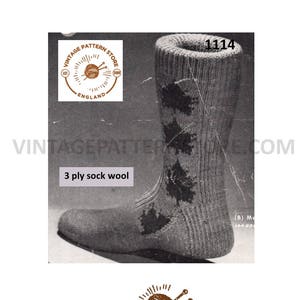 May include: A vintage sock pattern image. The sock is gray with a leaf design. The text "VINTAGE PATTERN STORE ENGLAND" and "3 ply sock wool" are visible. The pattern number is 1114.