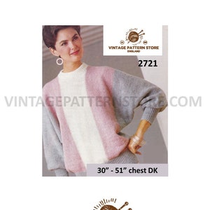 Könnte beinhalten: Vintage Strickmuster für einen Pullover mit rosa, weißen und grauen Streifen. Das Muster ist für einen Brustumfang von 76-130 cm und verwendet DK-Garn. Das Muster stammt von Vintage Pattern Store, England.
