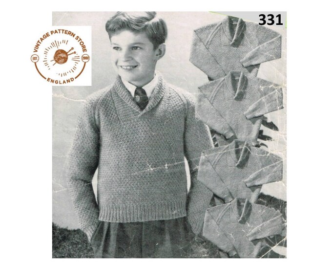 Boys 50s vintage shawl collar textured raglan sweater jumper pdf knitting pattern 25" to 30" chest Instant PDF download 331