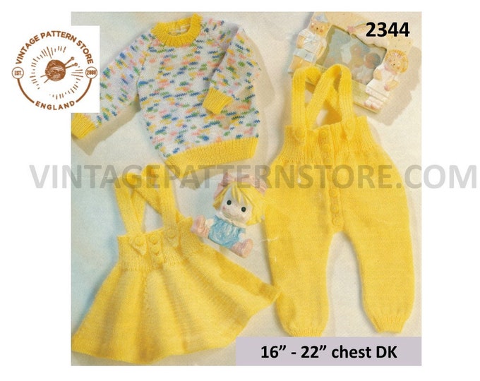 Baby Babies 90s easy to knit DK skirt trousers and crew neck sweater jumper pdf knitting pattern 16" to 22" chest Instant PDF download 2344