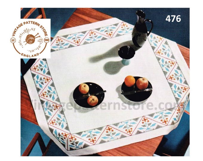 70s vintage South American Aztec embroidered square table cloth pdf embroidery pattern 39" by 39" Instant PDF Download 476