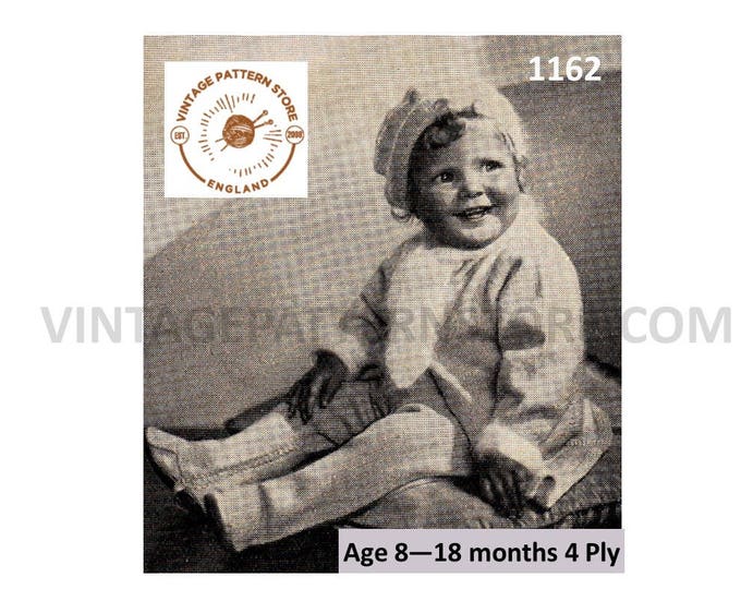 Baby Babies 30s vintage 4 ply pram set with trousers coat and beret hat pdf knitting pattern 8 to 18 months instant PDF Download 1162