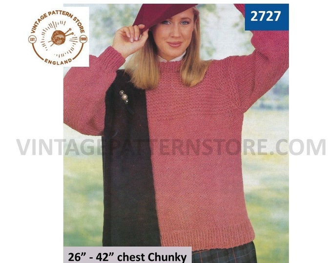 Ladies Womens 90s chunky easy to knit crew neck contrast yoke yoked dolman sweater jumper pdf knitting pattern 26" to 42" bust Download 2727