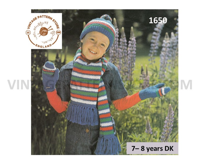 Boys Girls 80s vintage DK stripedtoque hat mittens and fringed scarf pdf knitting pattern 7 to 8 years Instant PDF download 1650