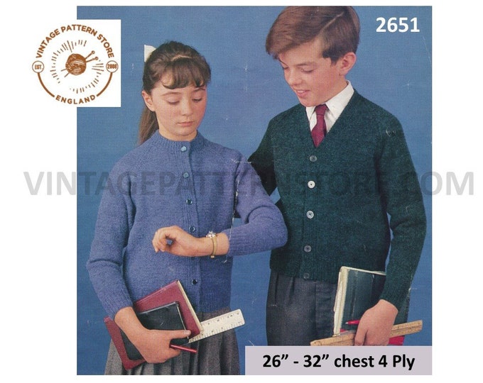 Boys Girls 60s vintage quick simple and easy to knit 4 ply V or round neck raglan cardigan pdf knitting pattern 26" to 32" PDF download 2651