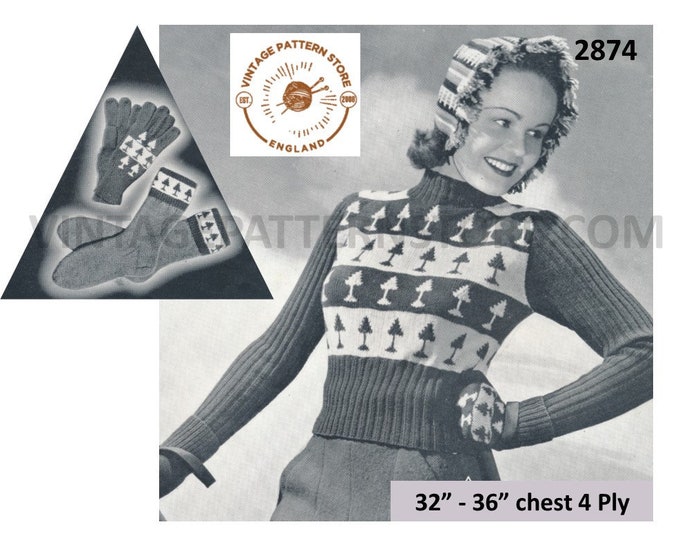 Ladies Womens 30s 4 ply crew neck Christmas tree sweater jumper gloves socks & hood pdf knitting pattern 32" to 36" chest PDF download 2874