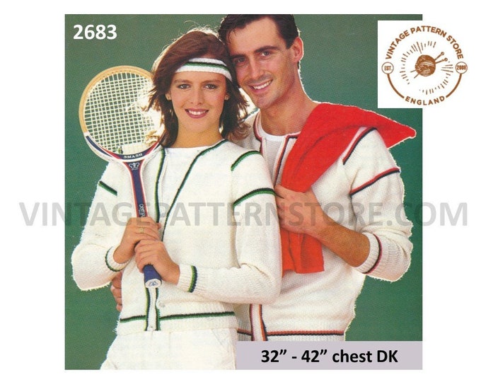 Womens Mens 80s DK round neck zipped zip up drop shoulder raglan sports jacket track suit top pdf knitting pattern 32" to 42" Download 2683