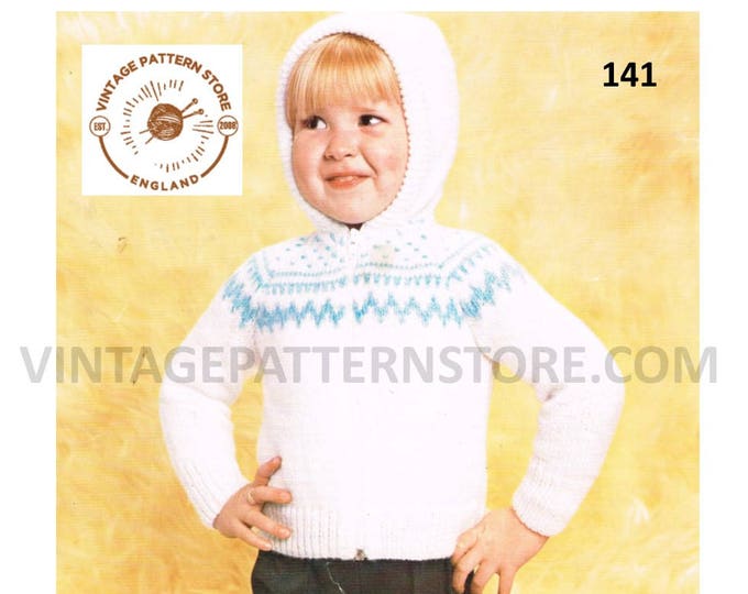 Boys Girls Toddlers 80s vintage DK fair isle yoke yoked raglan hoodie jacket cardigan pdf knitting pattern 22" to 26" chest Download 141