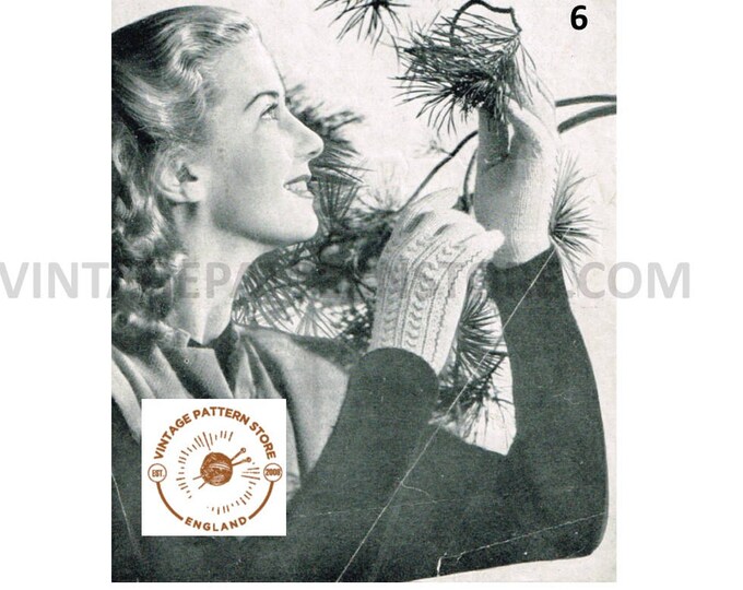 Ladies Womens 40s vintage 4 ply cable cabled gloves and mittens pdf knitting pattern 6.5" palm Instant PDF Download 6
