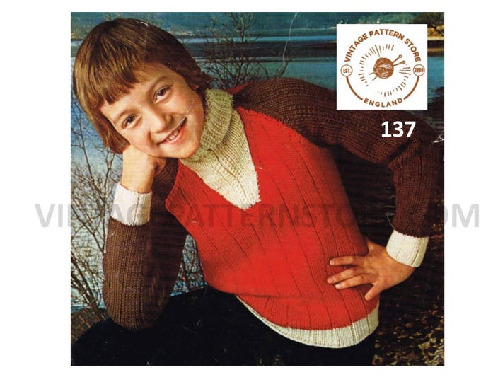 Boys 80s vintage easy to knit zip zipped polo neck raglan aran sweater jumper pdf knitting pattern 28" to 32" chest Instant PDF Download 137